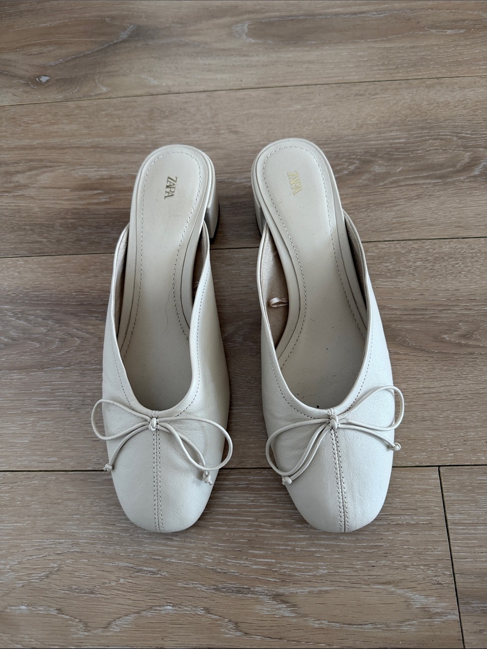 Zara Off-White Bow-Trim Slip-On Block Heel Mules